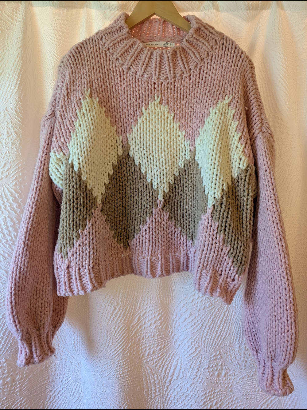 Altar'd State Pink Argyle Super Chunky Knit Sweater Size XL